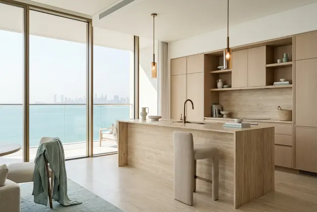 Kitchen with a travertine island