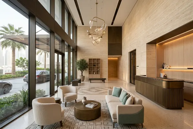 Double-height lobby with a concierge desk